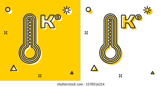 Black Meteorology thermometer measuring heat and cold icon isolated on yellow and white background. Temperature Kelvin. Random dynamic shapes. Vector Illustration