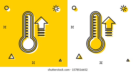 Black Meteorology thermometer measuring heat and cold icon isolated on yellow and white background. Thermometer equipment showing hot or cold weather. Random dynamic shapes. Vector Illustration