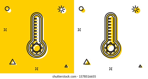 Black Meteorology thermometer measuring heat and cold icon isolated on yellow and white background. Thermometer equipment showing hot or cold weather. Random dynamic shapes. Vector Illustration