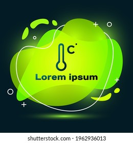 Black Meteorology thermometer measuring icon isolated on black background. Thermometer equipment showing hot or cold weather. Abstract banner with liquid shapes. Vector