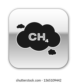 Black Methane emissions reduction icon isolated on white background. CH4 molecule model and chemical formula. Marsh gas. Natural gas. Silver square button. Vector Illustration