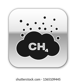 Black Methane emissions reduction icon isolated on white background. CH4 molecule model and chemical formula. Marsh gas. Natural gas. Silver square button. Vector Illustration