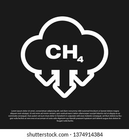 Black Methane emissions reduction icon isolated on black background. CH4 molecule model and chemical formula. Marsh gas. Natural gas. Vector Illustration