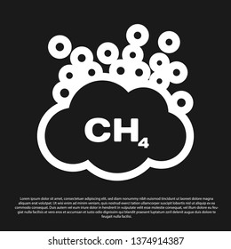 Black Methane emissions reduction icon isolated on black background. CH4 molecule model and chemical formula. Marsh gas. Natural gas. Vector Illustration