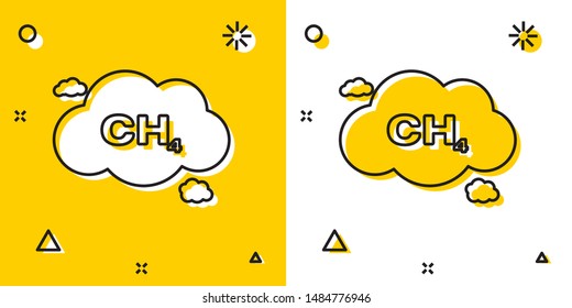 Black Methane emissions reduction icon isolated on yellow and white background. CH4 molecule model and chemical formula. Marsh gas. Natural gas. Random dynamic shapes. Vector Illustration