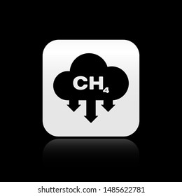 Black Methane emissions reduction icon isolated on black background. CH4 molecule model and chemical formula. Marsh gas. Natural gas. Silver square button. Vector Illustration