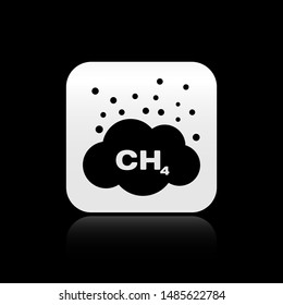 Black Methane emissions reduction icon isolated on black background. CH4 molecule model and chemical formula. Marsh gas. Natural gas. Silver square button. Vector Illustration