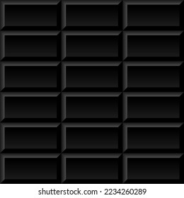 Black metro tiles seamless background. Subway brick horizontal pattern for kitchen, bathroom or outdoor architecture vector illustration. Glossy building interior design tiled material.