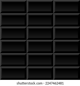 Black metro tiles seamless background. Subway brick horizontal pattern for kitchen, bathroom or outdoor architecture vector illustration. Glossy building interior design tiled material.