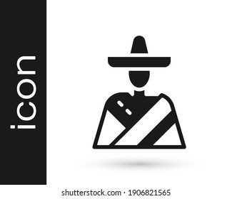 Black Mexican man wearing sombrero icon isolated on white background. Hispanic man with a mustache.  Vector