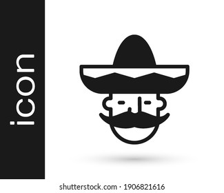 Black Mexican man wearing sombrero icon isolated on white background. Hispanic man with a mustache.  Vector