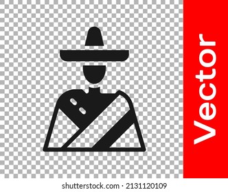 Black Mexican man wearing sombrero icon isolated on transparent background. Hispanic man with a mustache.  Vector