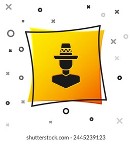 Black Mexican man wearing sombrero icon isolated on white background. Hispanic man with a mustache. Yellow square button. Vector