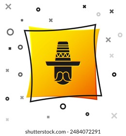 Black Mexican man wearing sombrero icon isolated on white background. Hispanic man with a mustache. Yellow square button. Vector