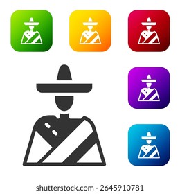 Black Mexican man wearing sombrero icon isolated on white background. Hispanic man with a mustache. Set icons in color square buttons. Vector
