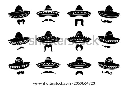 Black mexican mariachi sombrero hat icons and moustaches. Vector charro, cowboy or musician caps and whisker signs representing culture, folklore, and traditions of Mexico. Monochrome festive elements