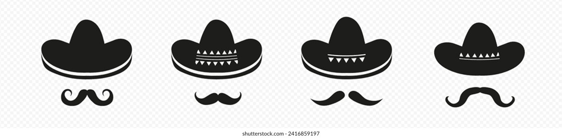 Black mexican sombrero hats with mustache set. Spanish traditional hat with long brim for latin american parties and mariachi and fun vector fiestas