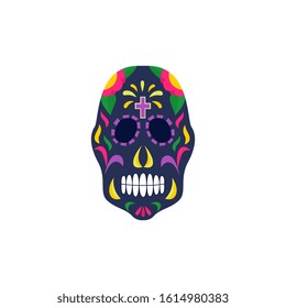 Black Mexican sugar skull painted with traditional Day of the dead ornaments. Dia de los muertos symbol isolated on white background - flat vector illustration.