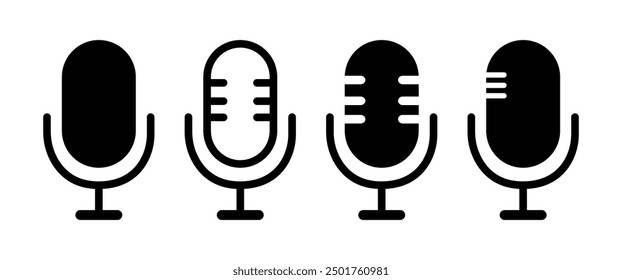 Black Mic vector icon set, Microphone symbol, Broadcast Recording graphic elements for App and podcast, Voice, Vocal illustration, Vector stock