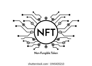 Black micro chip sign with text NFT non fungible token, cryptocurrency banner. Isolated on white.