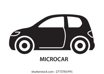 Black microcar silhouette shown in simple graphic style on a white background, representing a compact transport concept for urban mobility. Hand-drawn vector illustration