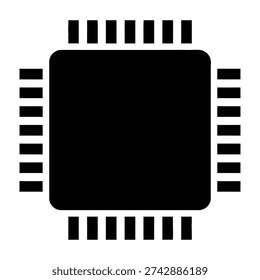 Black microchip icon on white background with connecting lines and rectangles symbolizing technology and data transfer