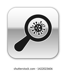 Black Microorganisms under magnifier icon isolated on white background. Bacteria and germs, cell cancer, microbe, virus, fungi. Silver square button. Vector Illustration