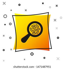 Black Microorganisms under magnifier icon isolated on white background. Bacteria and germs, cell cancer, microbe, virus, fungi. Yellow square button. Vector Illustration