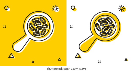 Black Microorganisms under magnifier icon isolated on yellow and white background. Bacteria and germs, cell cancer, microbe, virus, fungi. Random dynamic shapes. Vector Illustration
