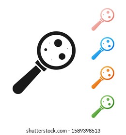 Black Microorganisms under magnifier icon isolated on white background. Bacteria and germs, cell cancer, microbe, virus, fungi. Set icons colorful. Vector Illustration