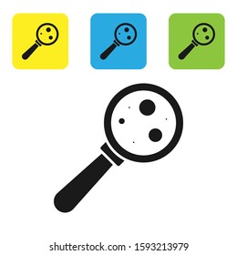 Black Microorganisms under magnifier icon isolated on white background. Bacteria and germs, cell cancer, microbe, virus, fungi. Set icons colorful square buttons. Vector Illustration