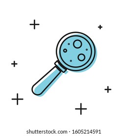 Black Microorganisms under magnifier icon isolated on white background. Bacteria and germs, cell cancer, microbe, virus, fungi.  Vector Illustration