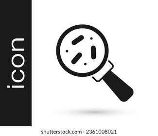 Black Microorganisms under magnifier icon isolated on white background. Bacteria and germs, cell cancer, microbe, virus, fungi.  Vector