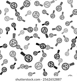 Black Microorganisms under magnifier icon isolated seamless pattern on white background. Bacteria and germs, cell cancer, microbe, virus, fungi.  Vector