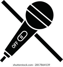 Black microphone with a diagonal line through it and an 'OFF' switch, representing a muted or disabled microphone. Ideal for user interfaces and communication apps.
