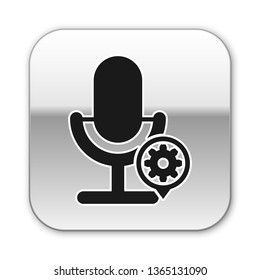 Black Microphone and gear icon isolated on white background. Adjusting app, service concept, setting options, maintenance, repair, fixing. Silver square button. Vector Illustration