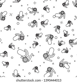 Black Microphone and gear icon isolated seamless pattern on white background. Adjusting app, service concept, setting options, maintenance, repair, fixing. Vector Illustration