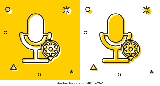 Black Microphone and gear icon isolated on yellow and white background. Adjusting app, service concept, setting options, maintenance, repair, fixing. Random dynamic shapes. Vector Illustration