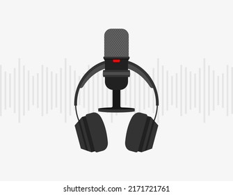 Black microphone and headphones on a gray background with sound waves. Flat vector illustration