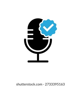 Black microphone icon with a blue verified checkmark badge, symbolizing authenticated audio content or a trusted voice.