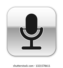 Black Microphone icon isolated on white background. On air radio mic microphone. Speaker sign. Silver square button. Vector Illustration