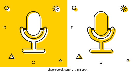 Black Microphone icon isolated on yellow and white background. On air radio mic microphone. Speaker sign. Random dynamic shapes. Vector Illustration