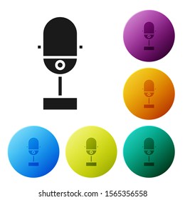 Black Microphone icon isolated on white background. On air radio mic microphone. Speaker sign. Set icons colorful circle buttons. Vector Illustration