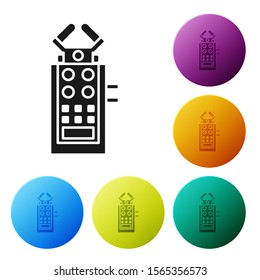 Black Microphone icon isolated on white background. On air radio mic microphone. Speaker sign. Set icons colorful circle buttons. Vector Illustration