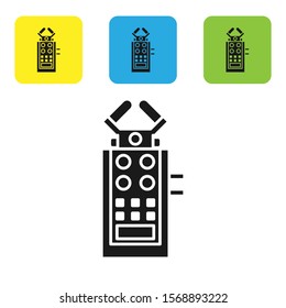 Black Microphone icon isolated on white background. On air radio mic microphone. Speaker sign. Set icons colorful square buttons. Vector Illustration