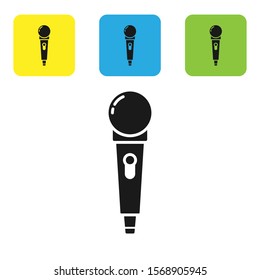 Black Microphone icon isolated on white background. On air radio mic microphone. Speaker sign. Set icons colorful square buttons. Vector Illustration