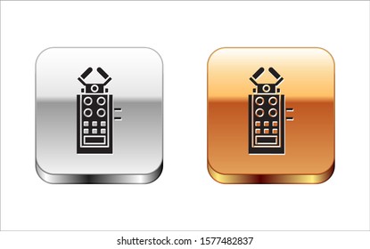 Black Microphone icon isolated on white background. On air radio mic microphone. Speaker sign. Silver-gold square button. Vector Illustration