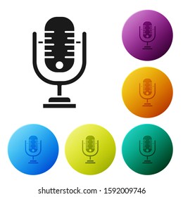 Black Microphone icon isolated on white background. On air radio mic microphone. Speaker sign. Set icons colorful circle buttons. Vector Illustration