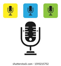 Black Microphone icon isolated on white background. On air radio mic microphone. Speaker sign. Set icons colorful square buttons. Vector Illustration