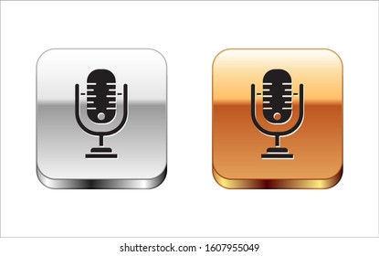 Black Microphone icon isolated on white background. On air radio mic microphone. Speaker sign. Silver-gold square button. Vector Illustration